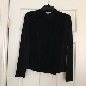 Short jacket with asymmetrical front zipper.